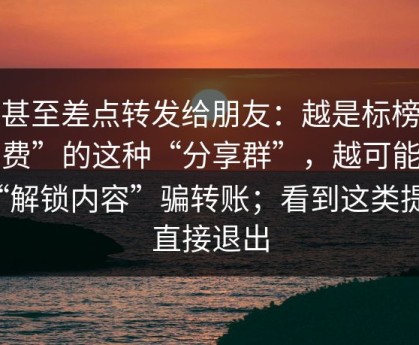 我甚至差点转发给朋友：越是标榜“免费”的这种“分享群”，越可能用“解锁内容”骗转账；看到这类提示直接退出
